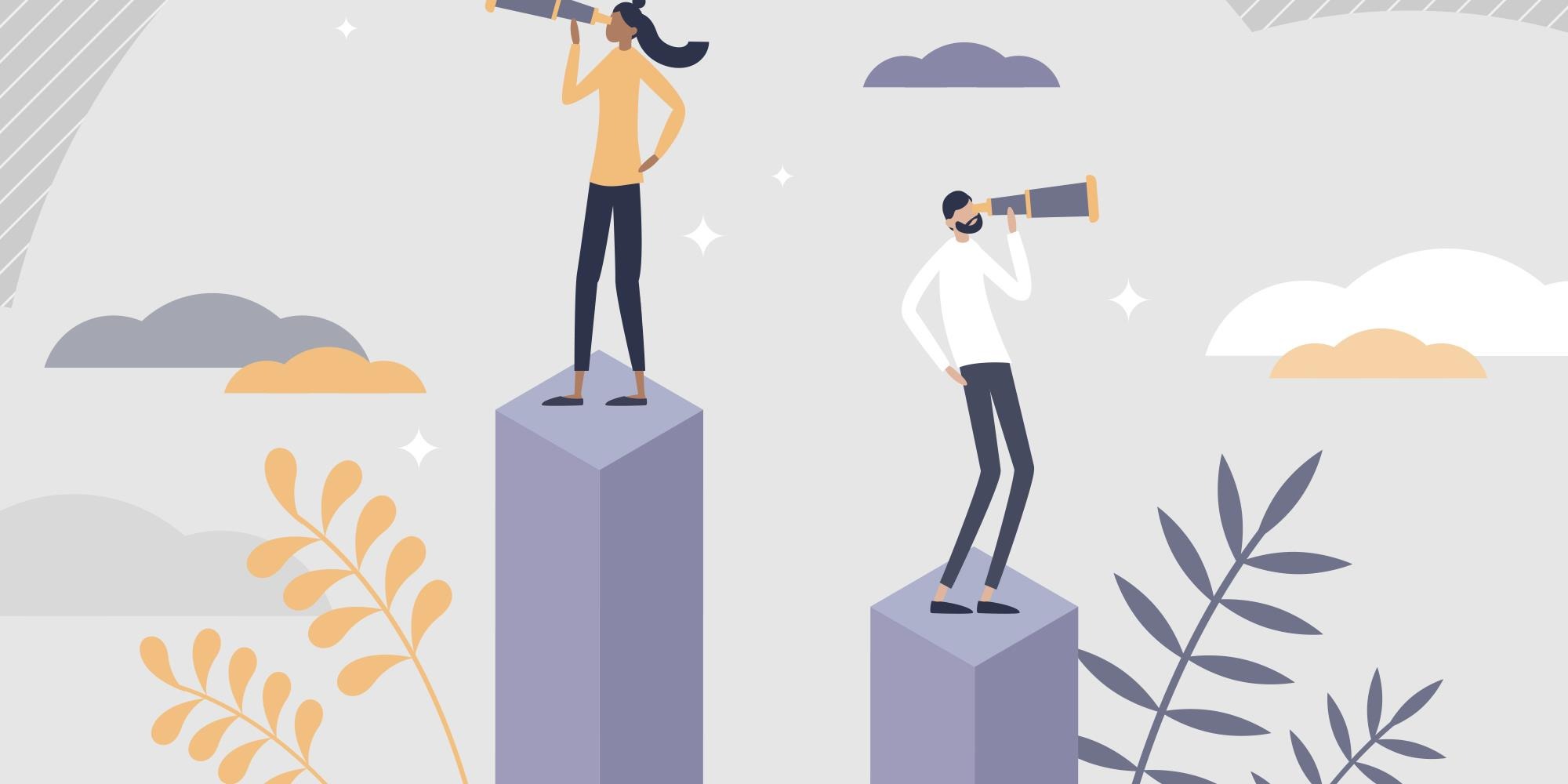 animated graphic of two people looking through telescopes