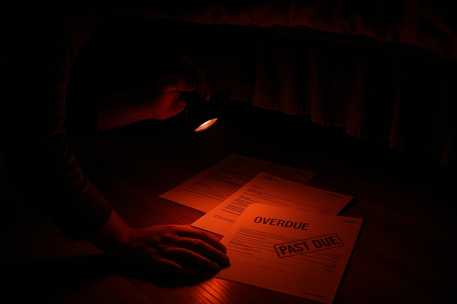 Financial Fears Someone shining a flashlight on their overdue bills
