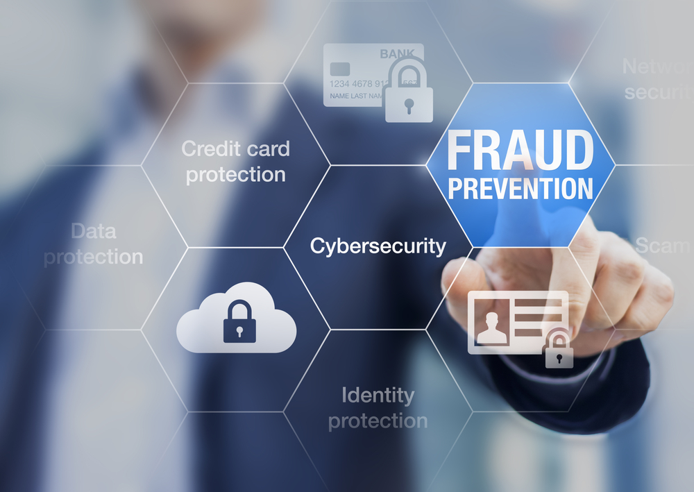 An image of a man standing behind words and icons about fraud protection.